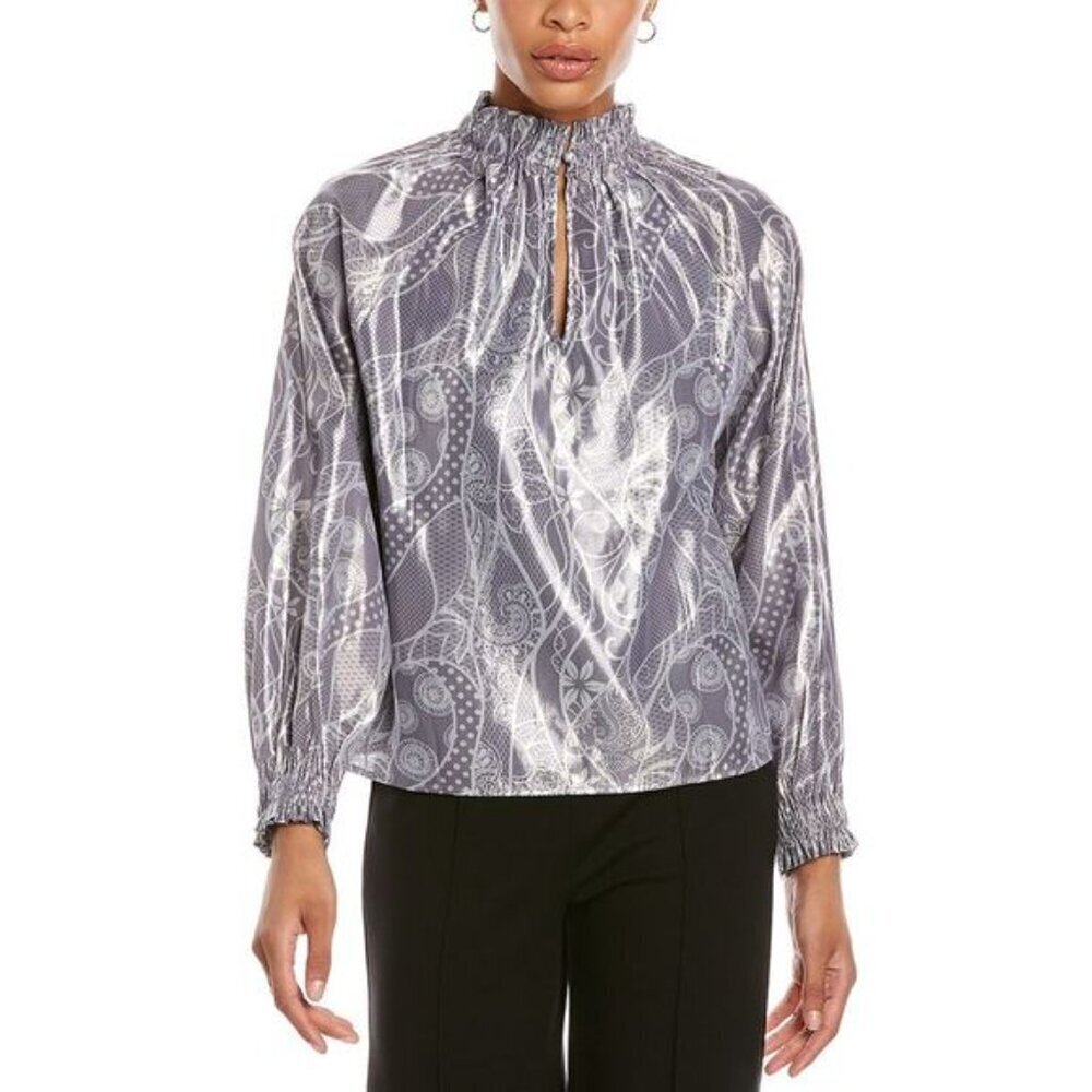 Marie Oliver June Metallic Silver Mock Neck Blouse Size Medium
